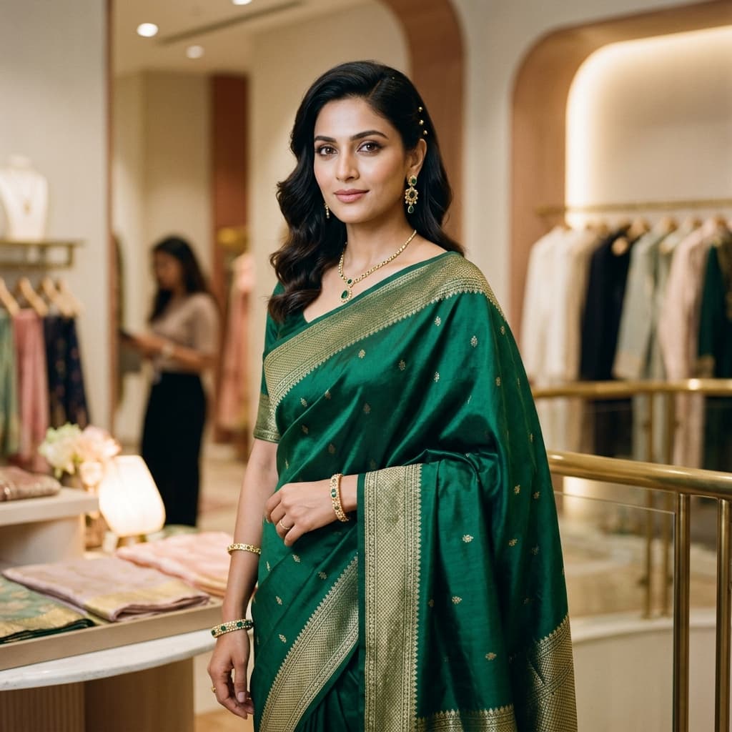 Elegant woman wearing deep emerald silk saree